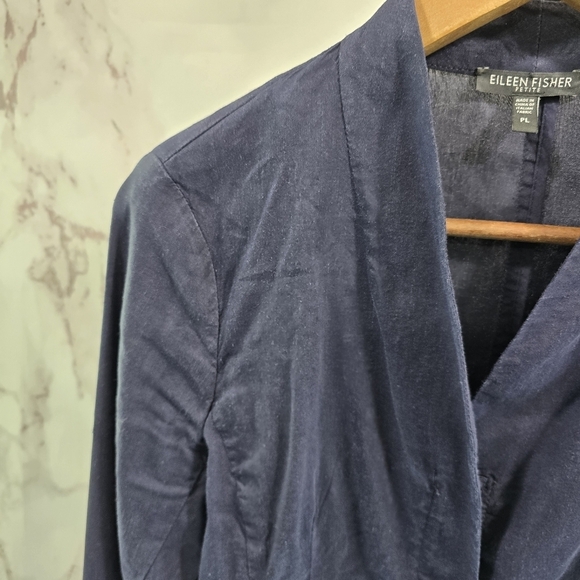 Eileen Fisher Jacket Womens Large P Organic Linen Zip Moto Blazer Navy Blue - Picture 2 of 13